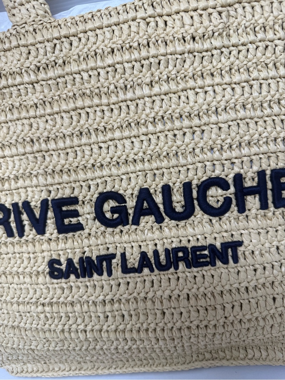 Saint Laurent Beige Crochet Rive Gauche Tote with Navy Logo - Picture 2 of 4